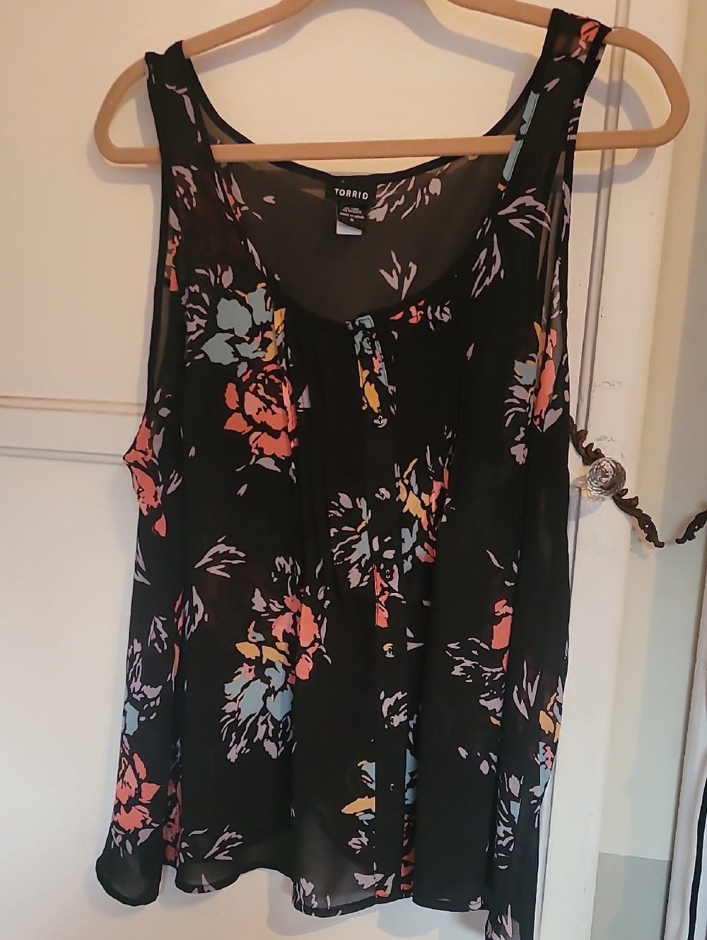 torrid Black Floral Tank with Coral and Light Blue Blooms